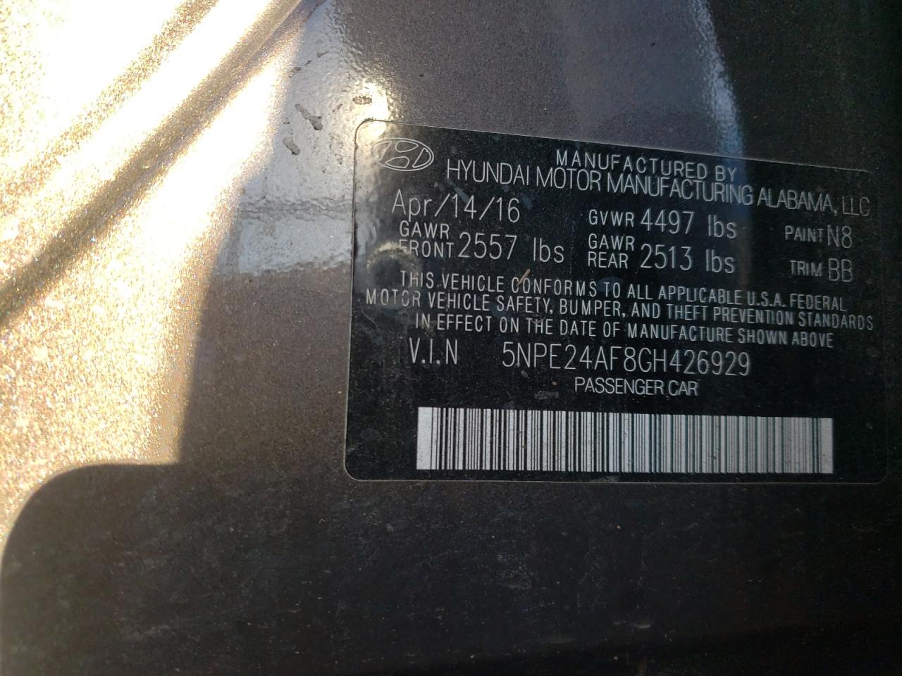 Photo 10 from auction – 2016 HYUNDAI SONATA SE with VIN 5NPE24AF8GH426929