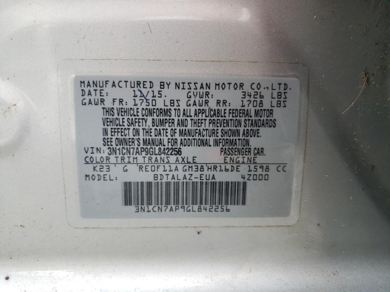 Photo 10 from auction – 2016 NISSAN VERSA S with VIN 3N1CN7AP9GL842256