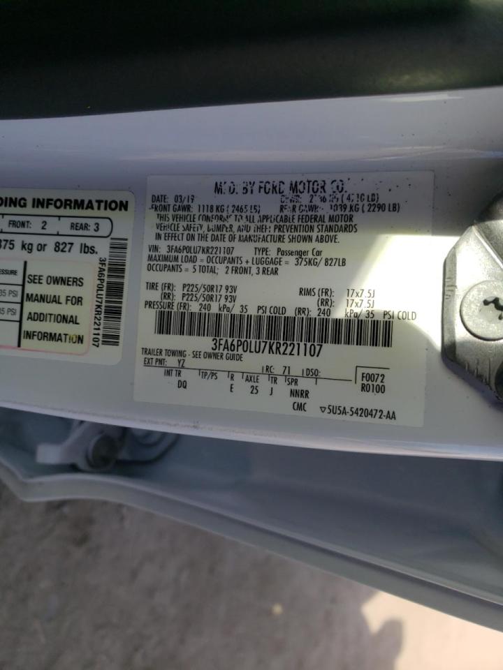 Photo 10 from auction – 2019 FORD FUSION SE with VIN 3FA6P0LU7KR221107