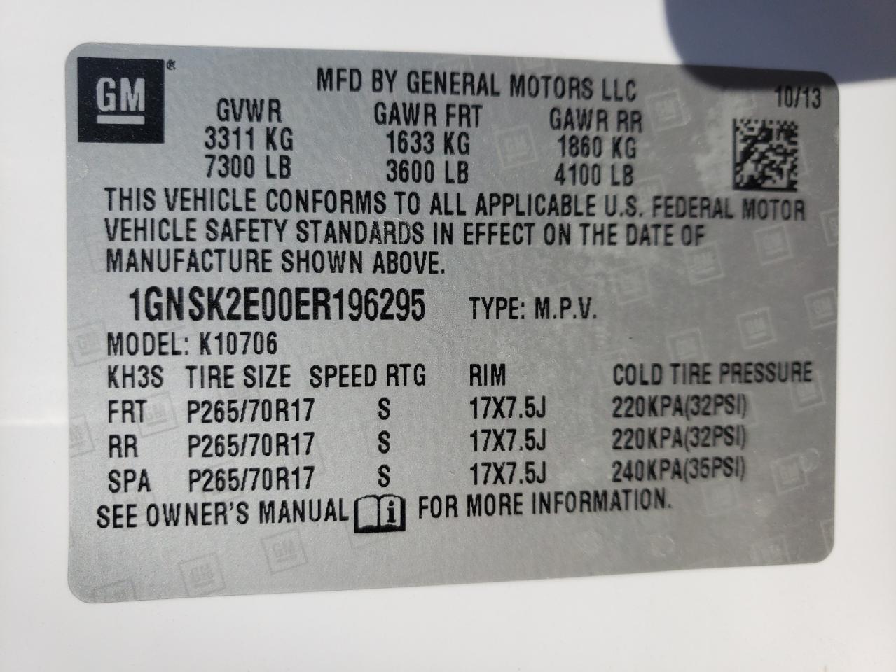 Photo 10 from auction – 2014 CHEVROLET TAHOE SPEC with VIN 1GNSK2E00ER196295