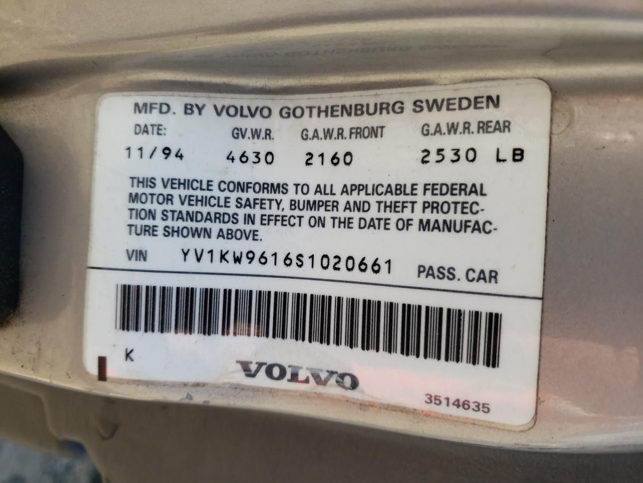 Photo 10 from auction – 1995 VOLVO 960 with VIN YV1KW9616S1020661