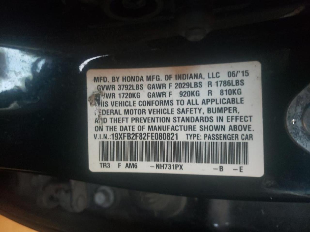 Photo 10 from auction – 2015 HONDA CIVIC EX with VIN 19XFB2F82FE080821