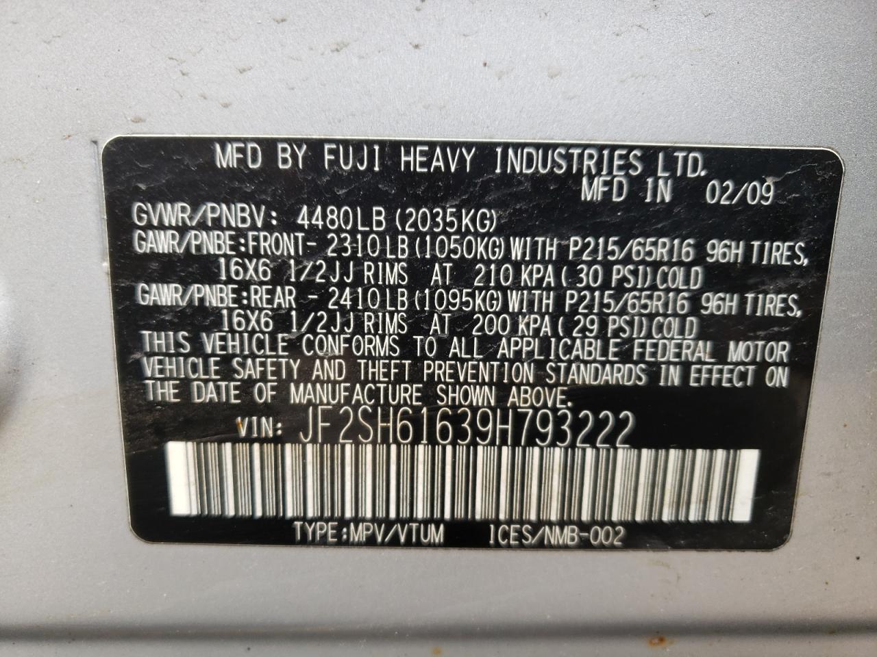 Photo 10 from auction – 2009 SUBARU FORESTER 2 with VIN JF2SH61639H793222