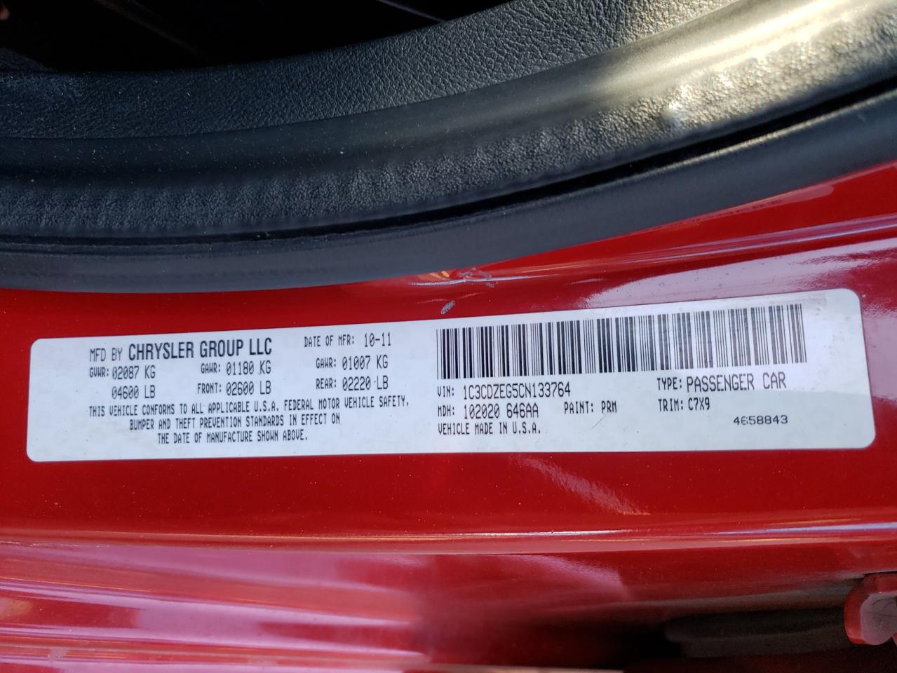 Photo 10 from auction – 2012 DODGE AVENGER SX with VIN 1C3CDZEG5CN133764