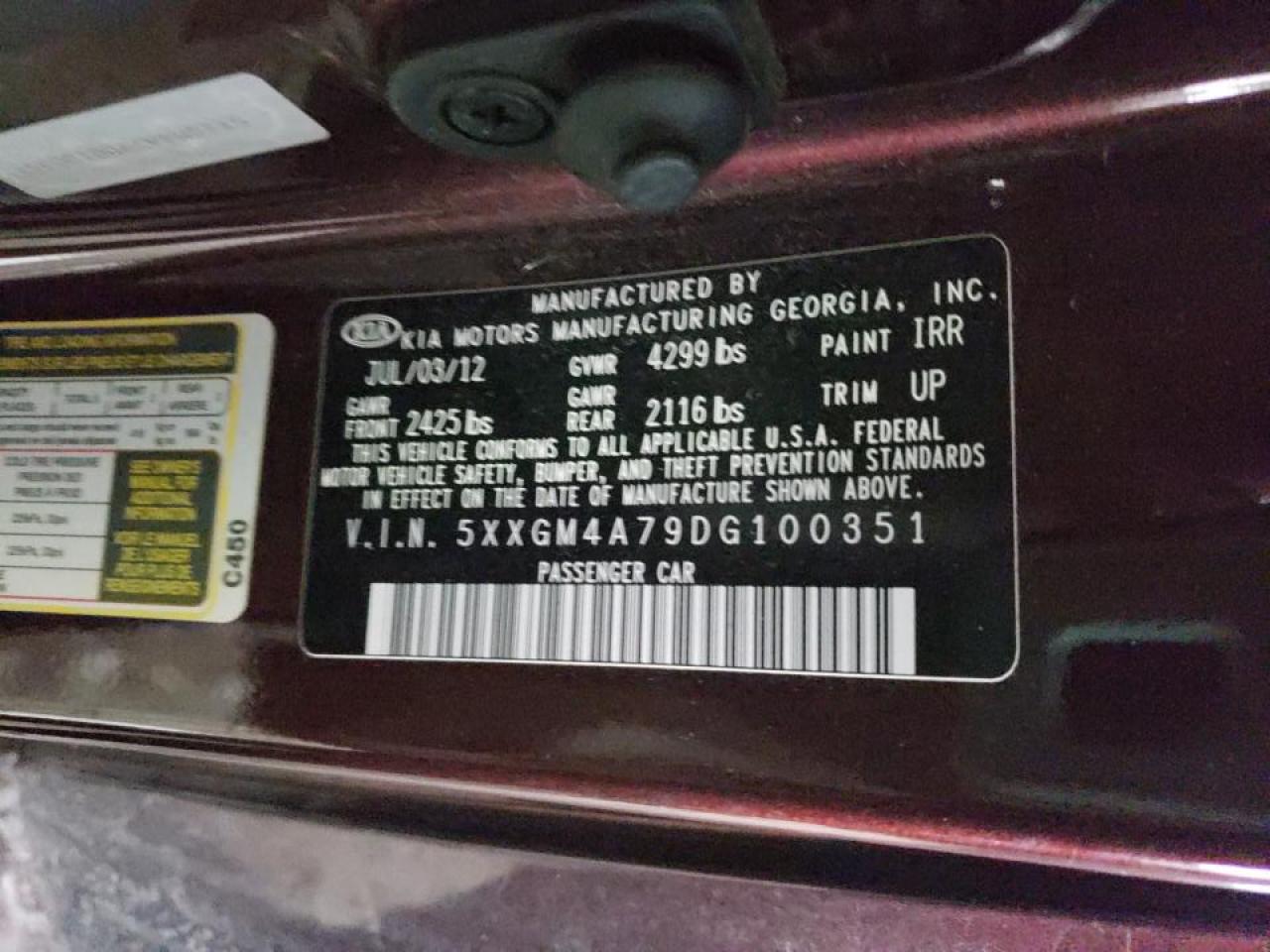 Photo 10 from auction – 2013 KIA OPTIMA LX with VIN 5XXGM4A79DG100351