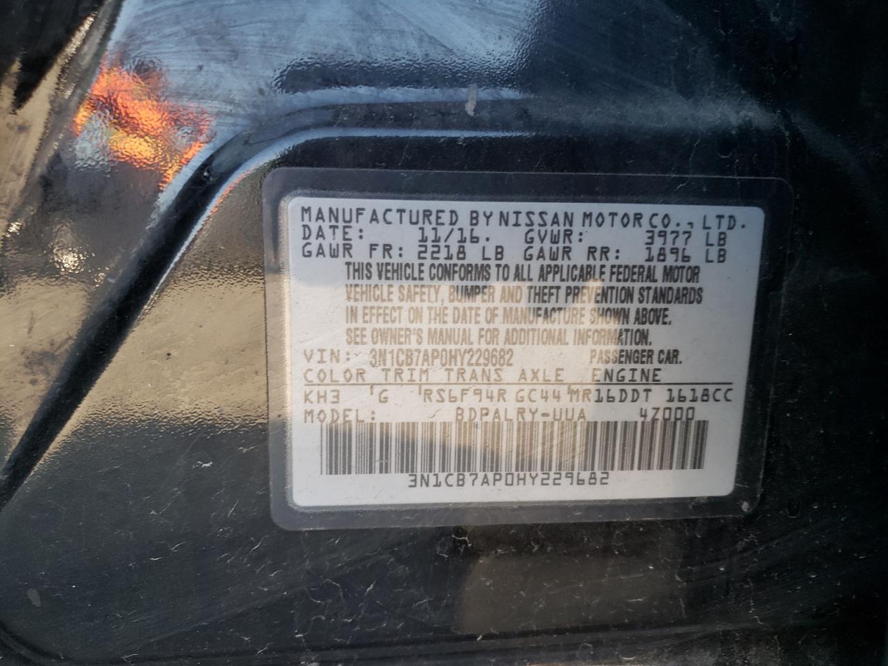 Photo 10 from auction – 2017 NISSAN SENTRA SR with VIN 3N1CB7AP0HY229682