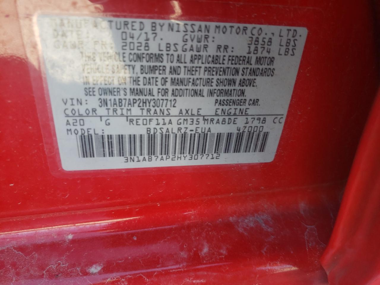 Photo 10 from auction – 2017 NISSAN SENTRA S with VIN 3N1AB7AP2HY307712