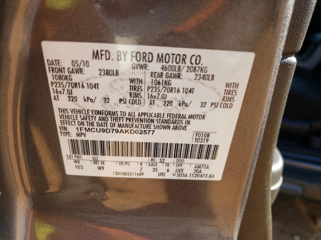 Photo 10 from auction – 2010 FORD ESCAPE XLT with VIN 1FMCU9D79AKD02577