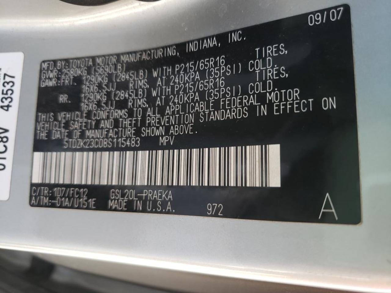 Photo 10 from auction – 2008 TOYOTA SIENNA with VIN 5TDZK23C08S115483