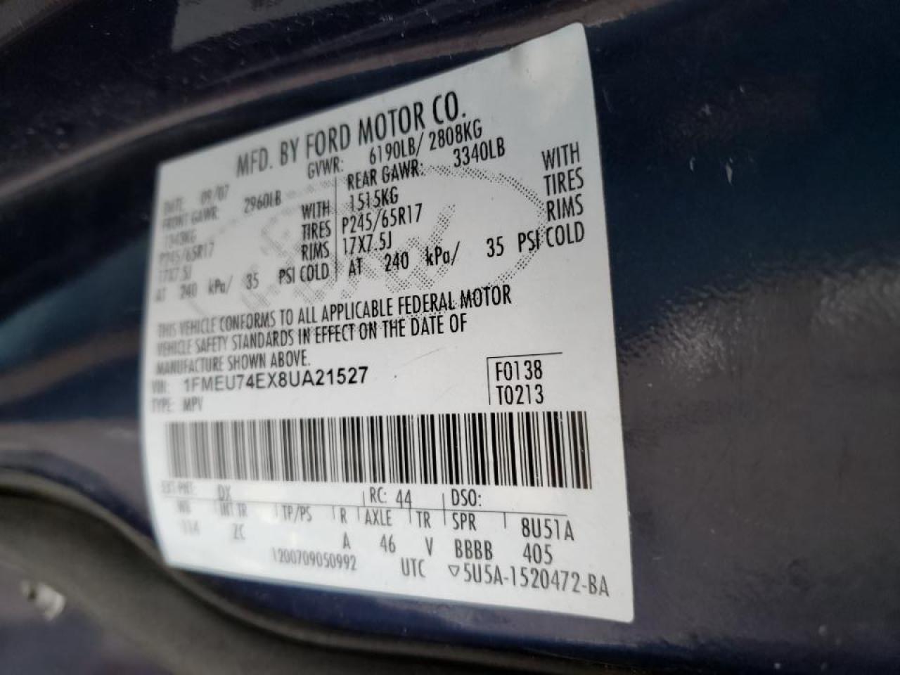 Photo 10 from auction – 2008 FORD EXPLORER E with VIN 1FMEU74EX8UA21527
