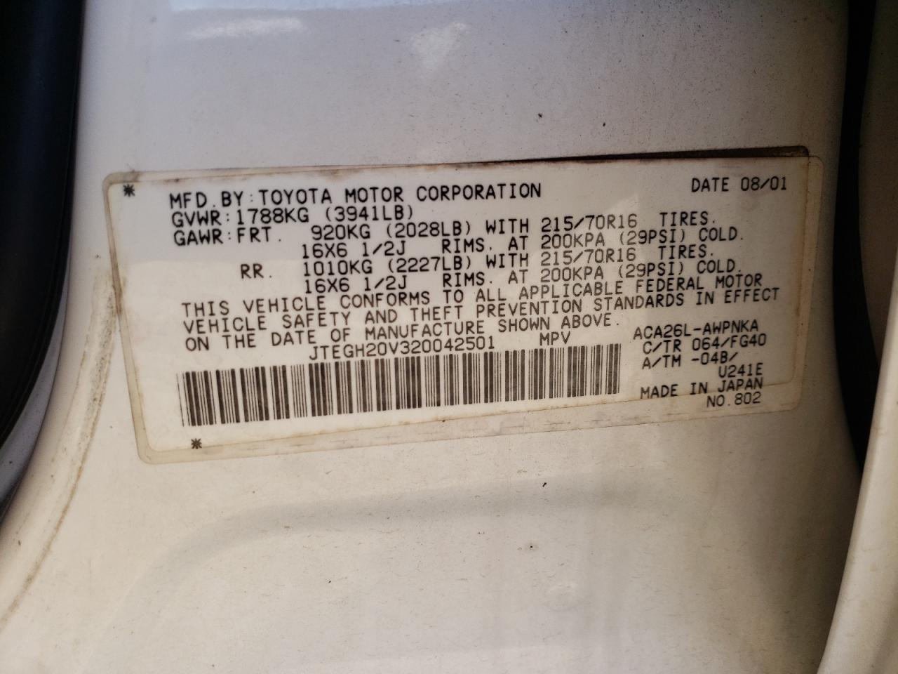 Photo 10 from auction – 2002 TOYOTA RAV4 with VIN JTEGH20V320042501