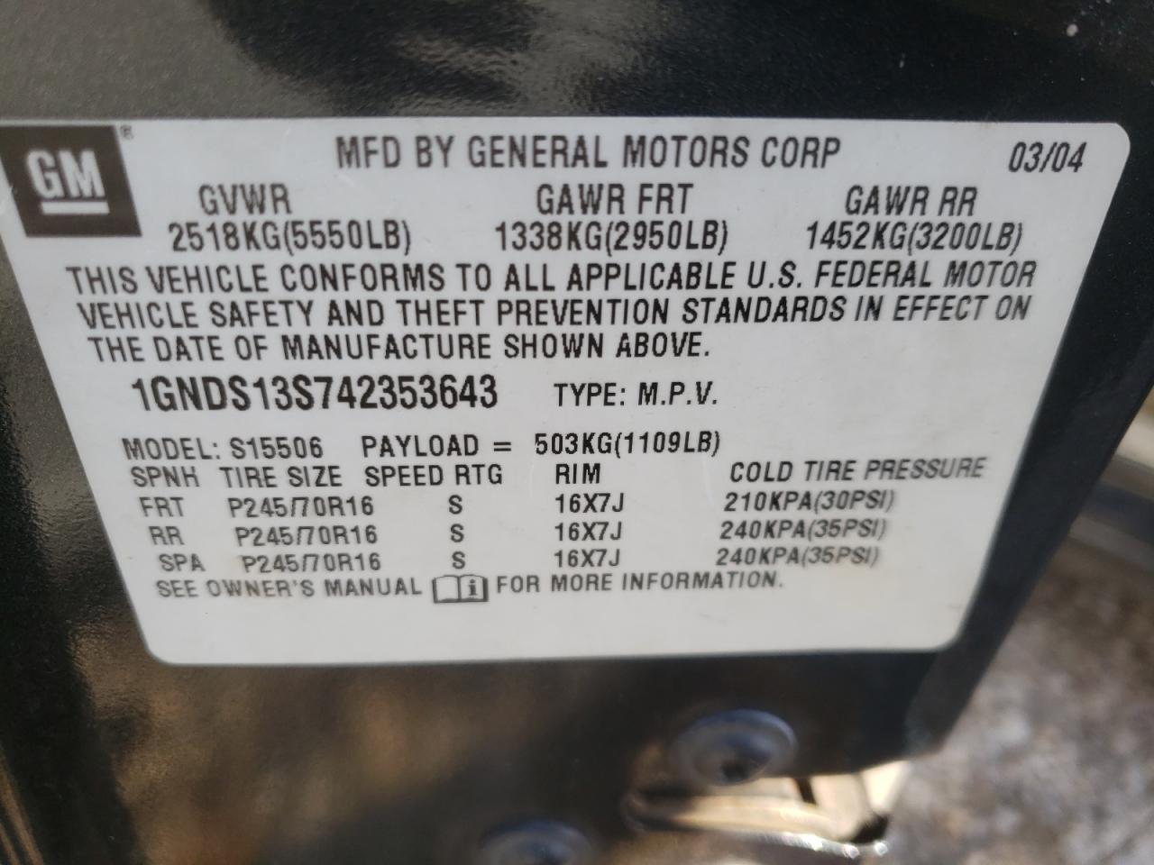 Photo 10 from auction – 2004 CHEVROLET TRAILBLAZE with VIN 1GNDS13S742353643