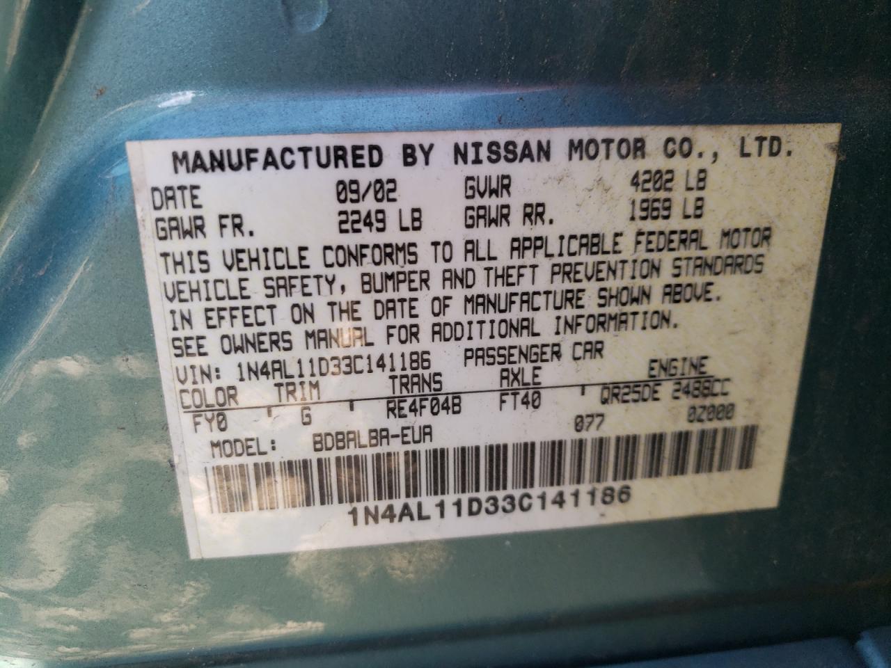 Photo 10 from auction – 2003 NISSAN ALTIMA BAS with VIN 1N4AL11D33C141186