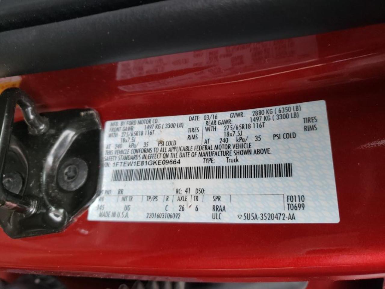Photo 10 from auction – 2016 FORD F150 SUPER with VIN 1FTEW1E81GKE09664