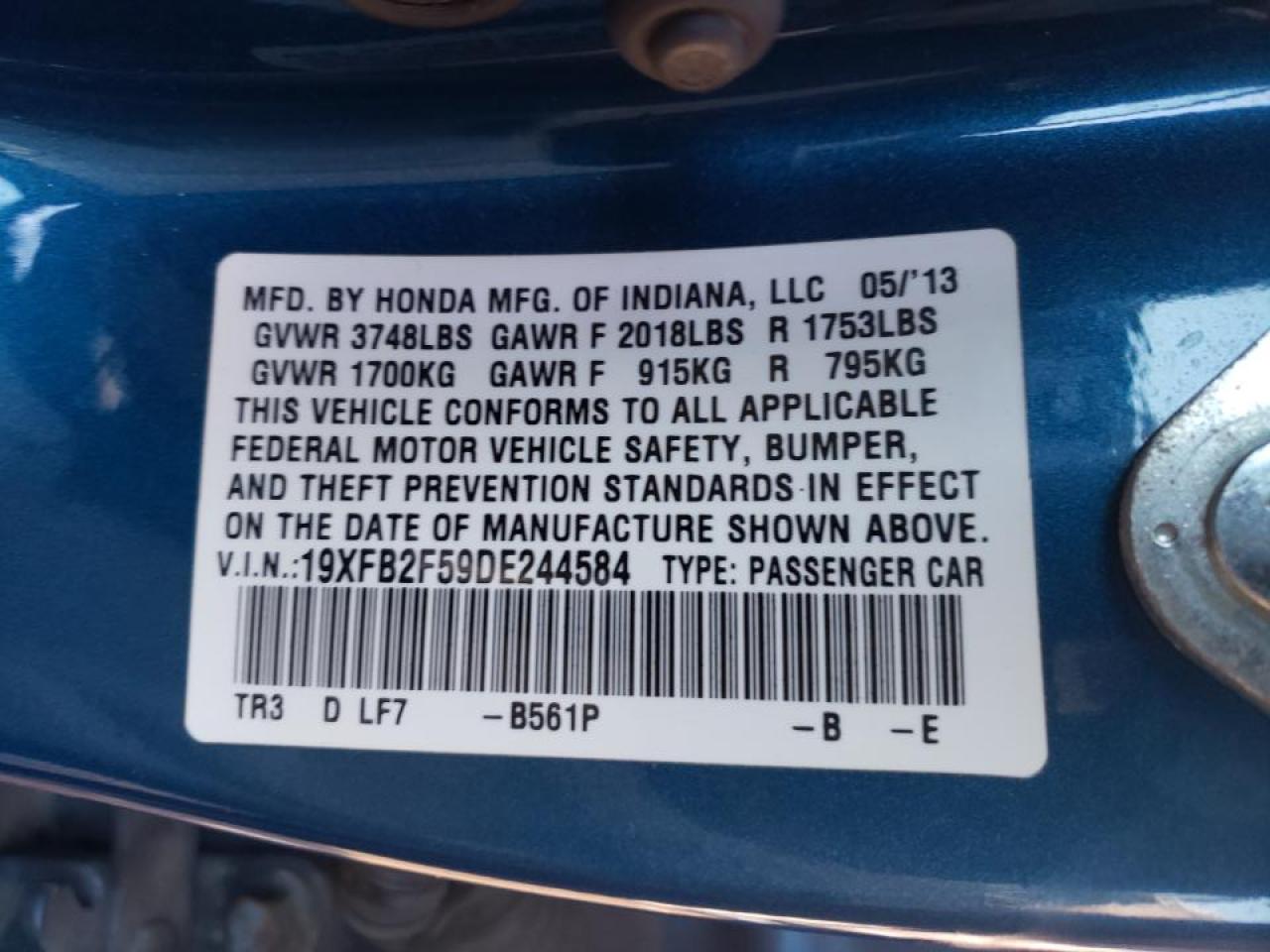Photo 10 from auction – 2013 HONDA CIVIC LX with VIN 19XFB2F59DE244584