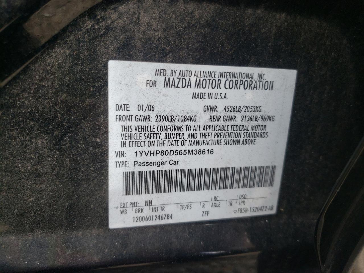 Photo 10 from auction – 2006 MAZDA 6 S with VIN 1YVHP80D565M38616