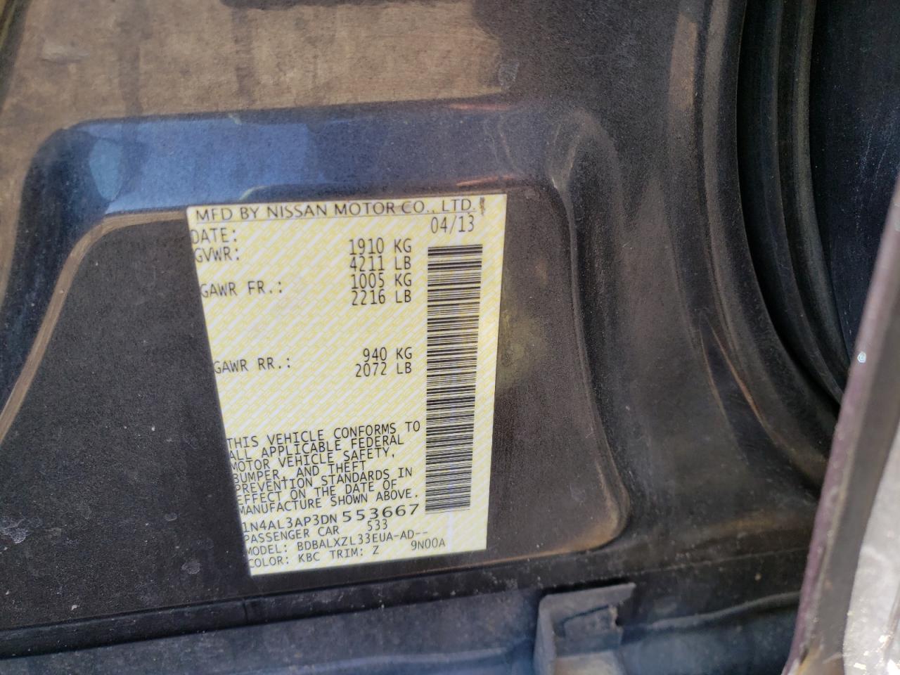 Photo 10 from auction – 2013 NISSAN ALTIMA 2.5 with VIN 1N4AL3AP3DN553667
