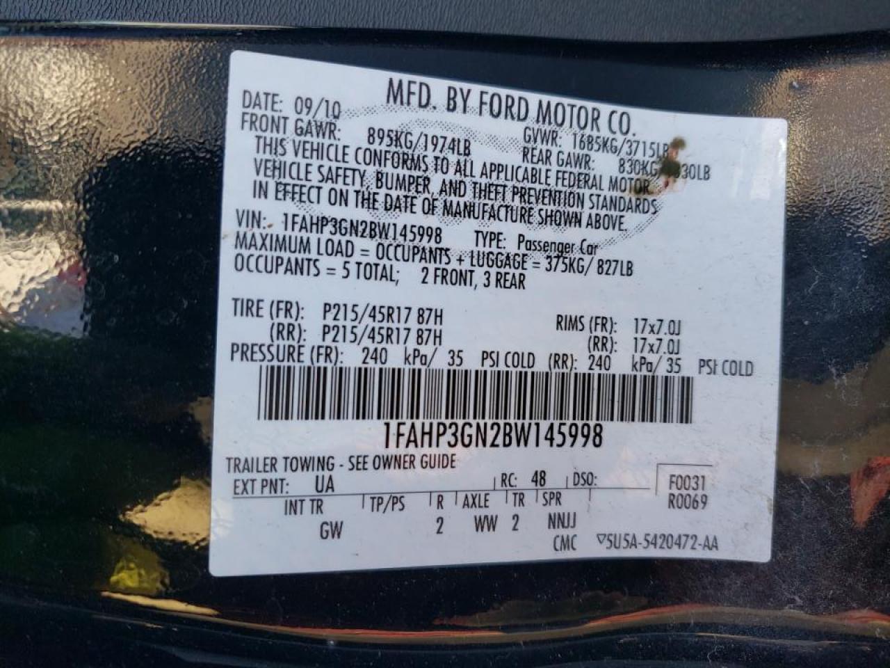 Фото 10 с аукциона – 2011 FORD FOCUS SES с VIN 1FAHP3GN2BW145998