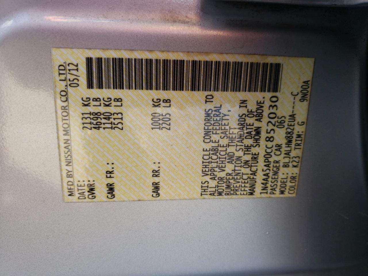 Photo 10 from auction – 2012 NISSAN MAXIMA S with VIN 1N4AA5AP0CC852030