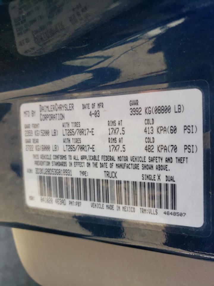 Photo 10 from auction – 2003 DODGE RAM 2500 S with VIN 3D3KU28D53G818931