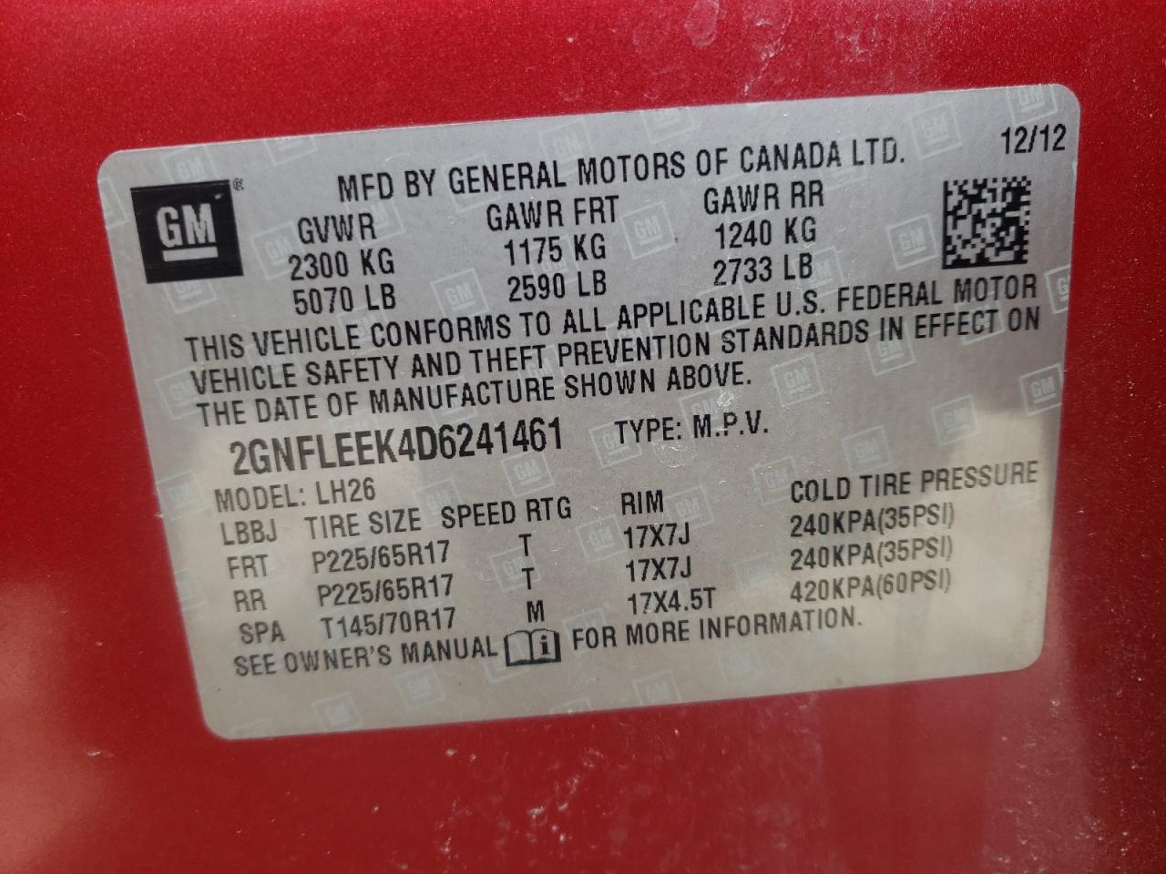 Photo 10 from auction – 2013 CHEVROLET EQUINOX LT with VIN 2GNFLEEK4D6241461
