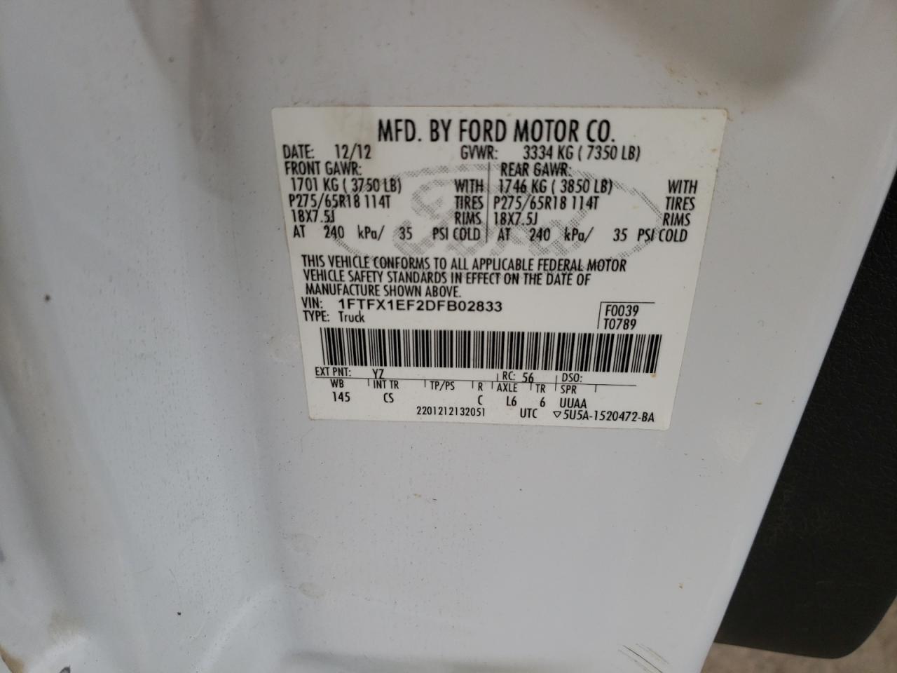 Photo 10 from auction – 2013 FORD F150 SUPER with VIN 1FTFX1EF2DFB02833