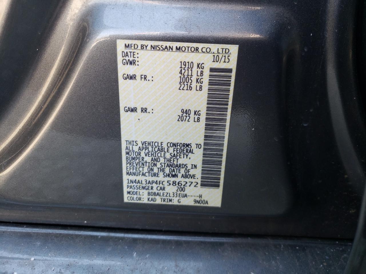Photo 10 from auction – 2015 NISSAN ALTIMA 2.5 with VIN 1N4AL3AP4FC586272