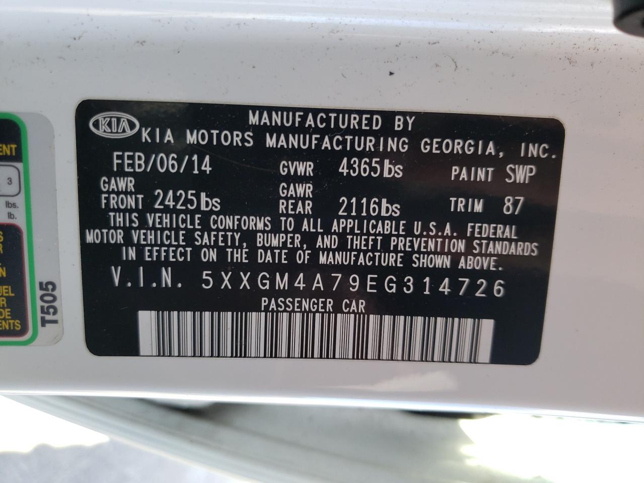Photo 10 from auction – 2014 KIA OPTIMA LX with VIN 5XXGM4A79EG314726
