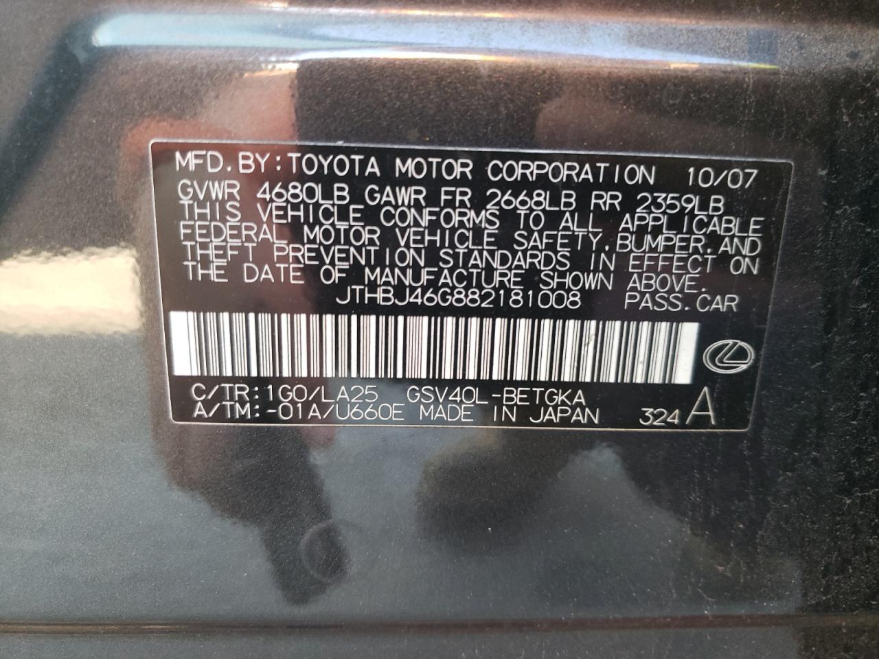 Photo 10 from auction – 2008 LEXUS ES 350 with VIN JTHBJ46G882181008