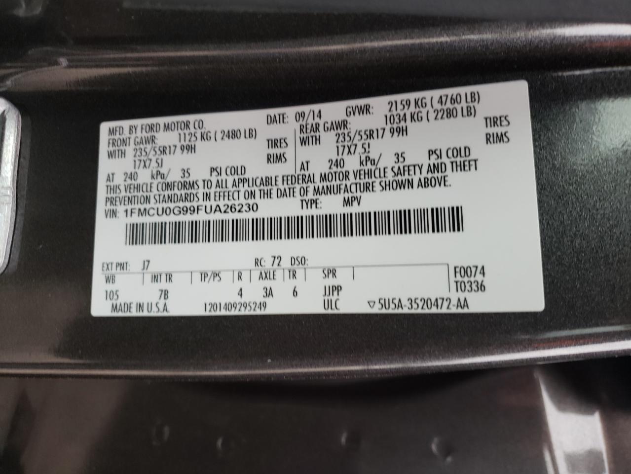 Photo 10 from auction – 2015 FORD ESCAPE SE with VIN 1FMCU0G99FUA26230