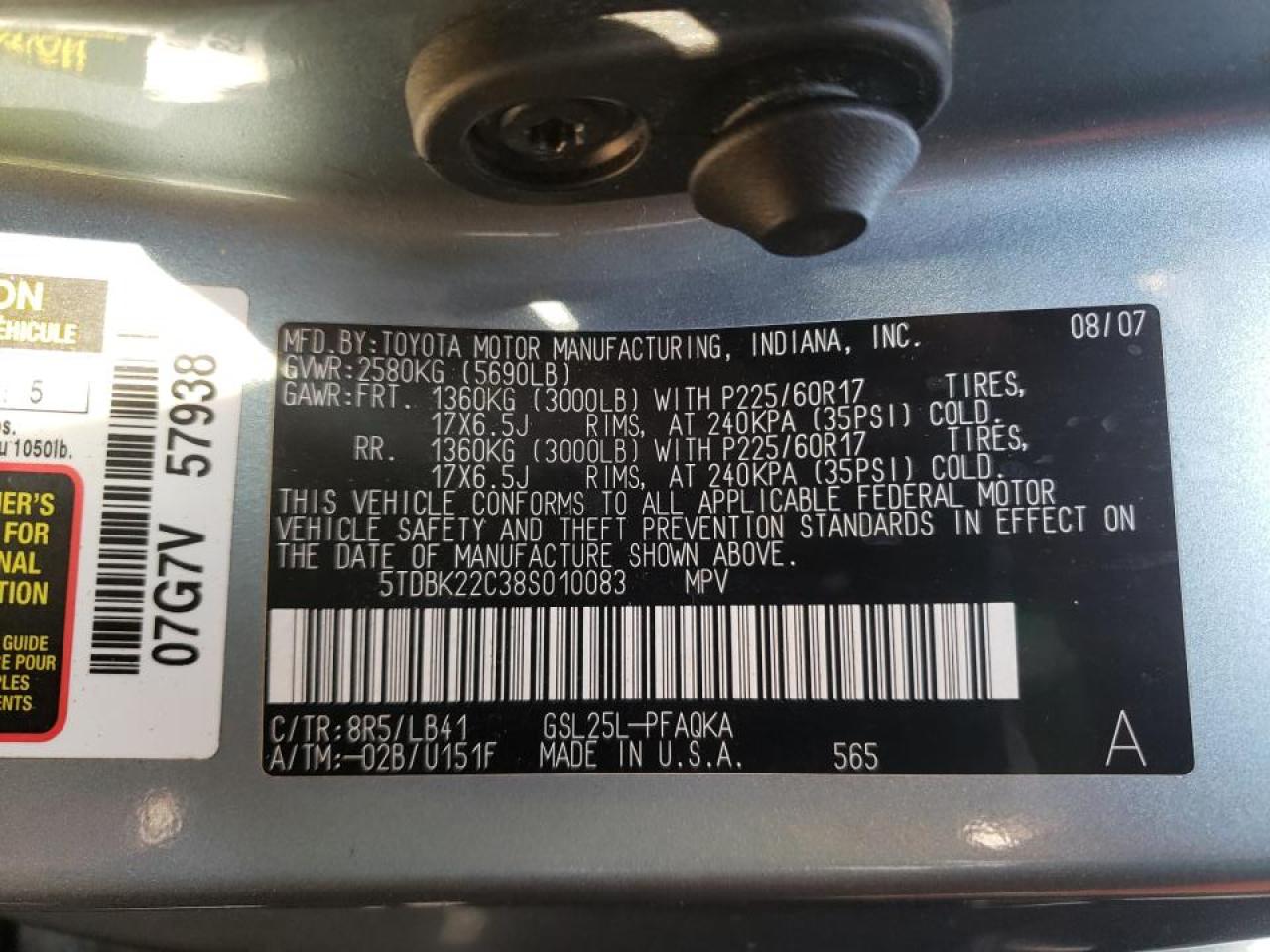 Photo 10 from auction – 2008 TOYOTA SIENNA XLE with VIN 5TDBK22C38S010083