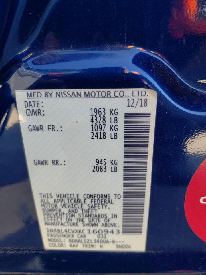 Photo 10 from auction – 2019 NISSAN ALTIMA SR with VIN 1N4BL4CVXKC160943