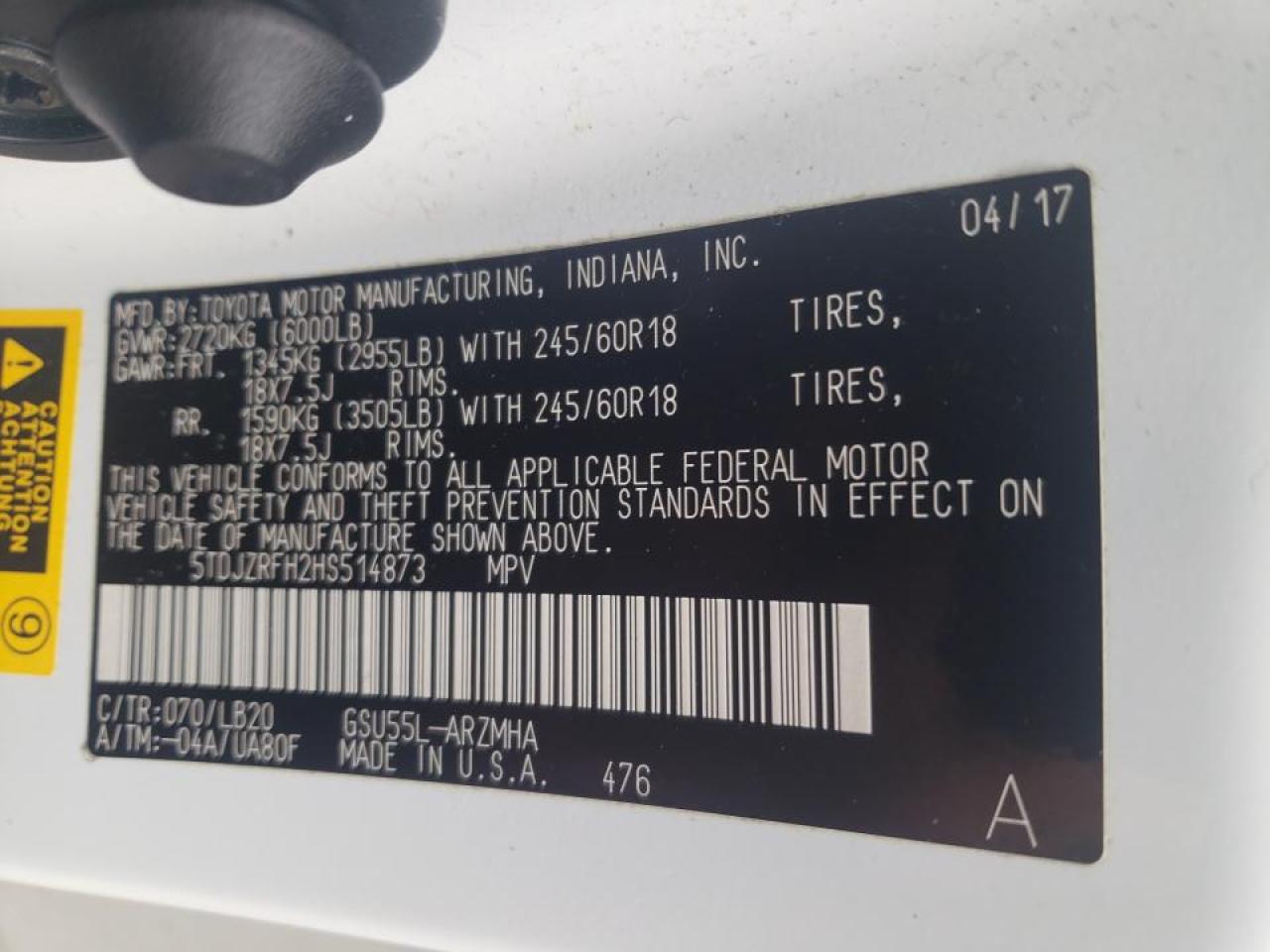 Photo 10 from auction – 2017 TOYOTA HIGHLANDER with VIN 5TDJZRFH2HS514873