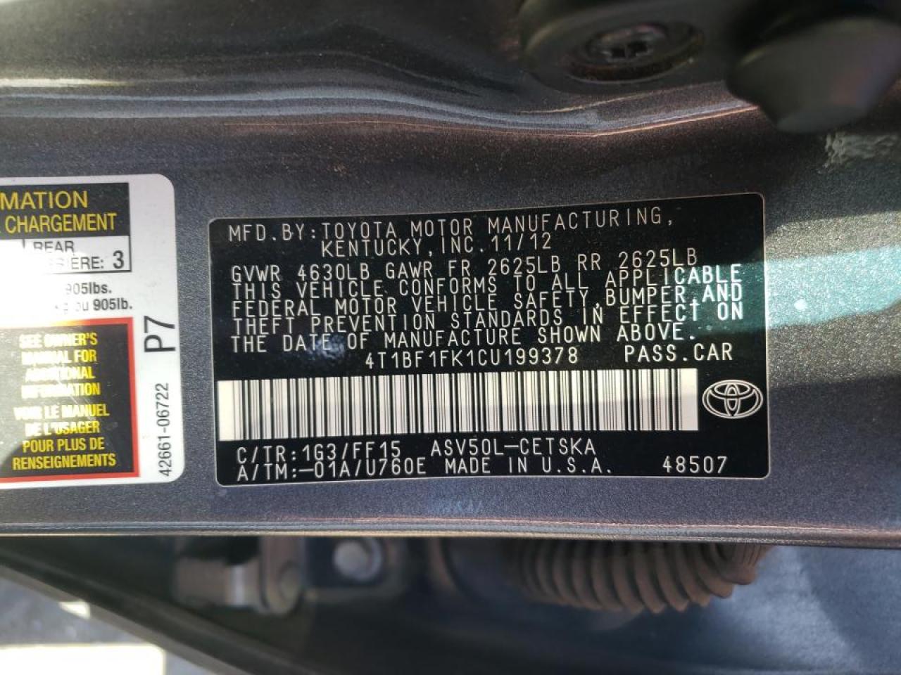 Photo 10 from auction – 2012 TOYOTA CAMRY BASE with VIN 4T1BF1FK1CU199378