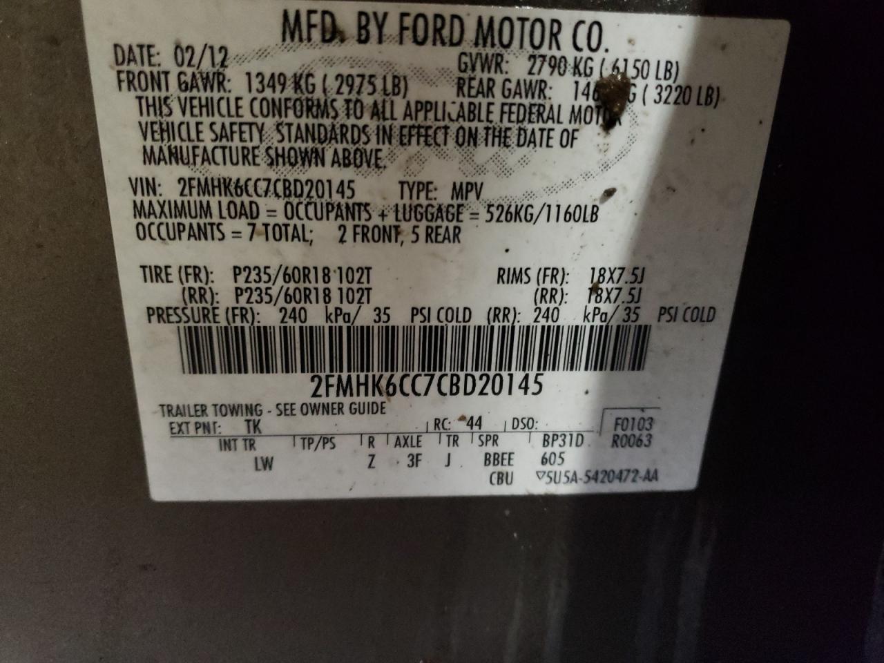 Photo 10 from auction – 2012 FORD FLEX SEL with VIN 2FMHK6CC7CBD20145