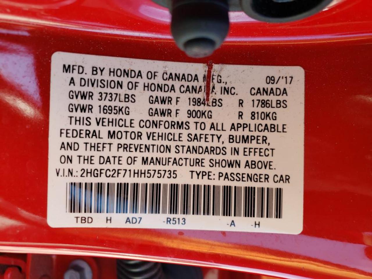 Photo 10 from auction – 2017 HONDA CIVIC EX with VIN 2HGFC2F71HH575735