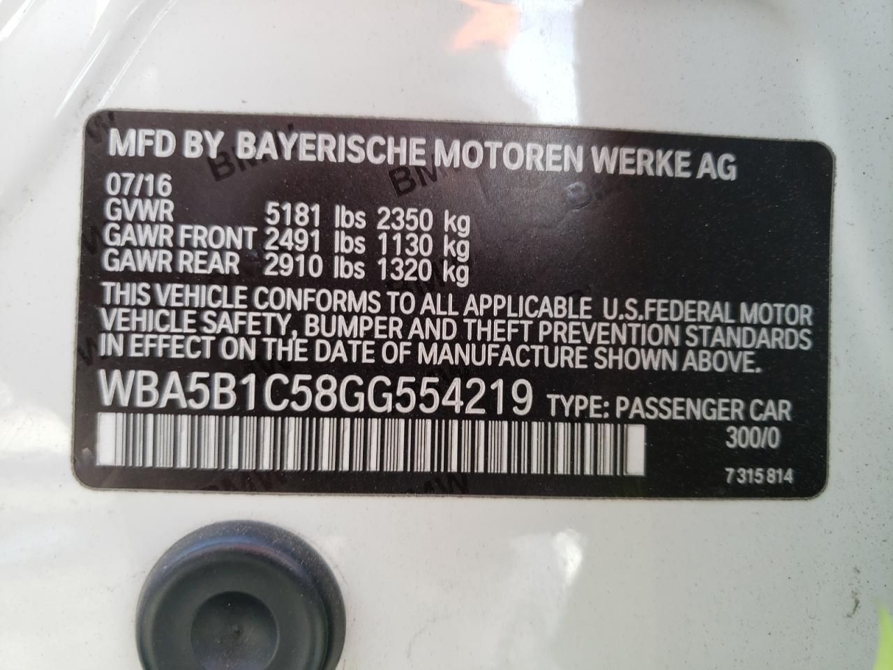 Photo 10 from auction – 2016 BMW 535 I with VIN WBA5B1C58GG554219
