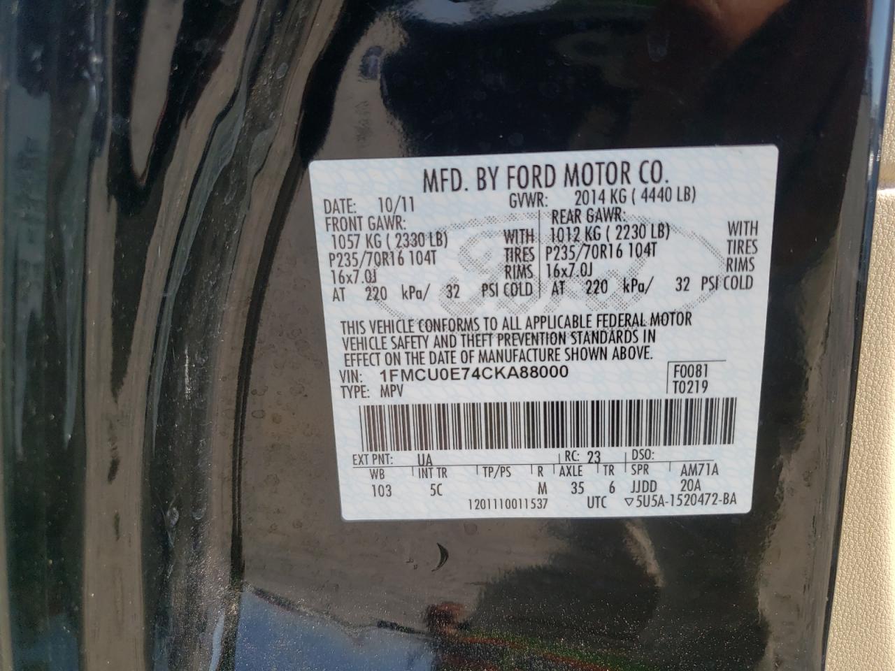 Photo 10 from auction – 2012 FORD ESCAPE LIM with VIN 1FMCU0E74CKA88000