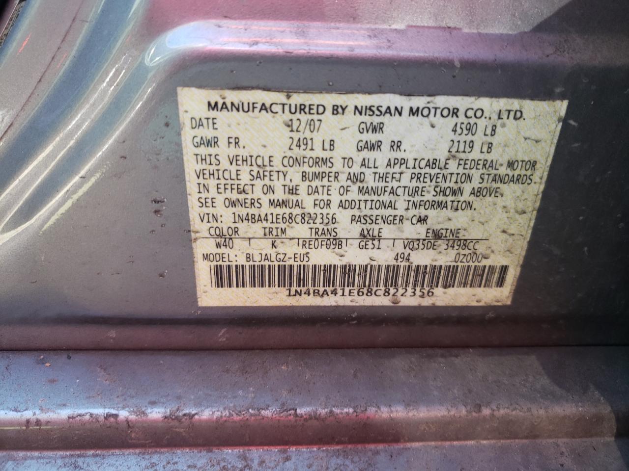 Photo 10 from auction – 2008 NISSAN MAXIMA SE with VIN 1N4BA41E68C822356