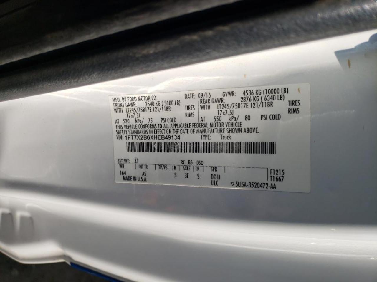 Photo 10 from auction – 2017 FORD F250 SUPER with VIN 1FT7X2B6XHEB49134