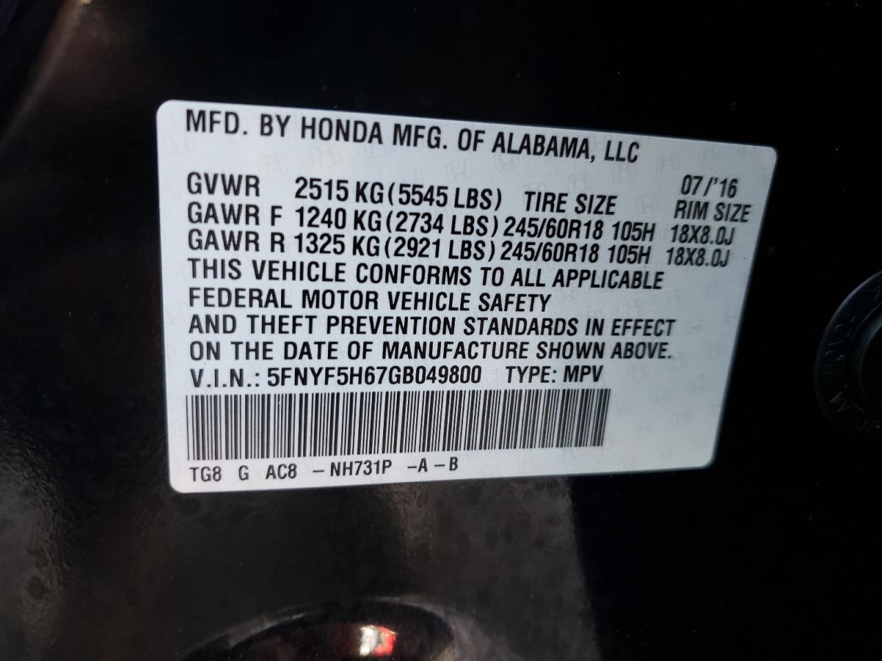 Photo 10 from auction – 2016 HONDA PILOT EXL with VIN 5FNYF5H67GB049800