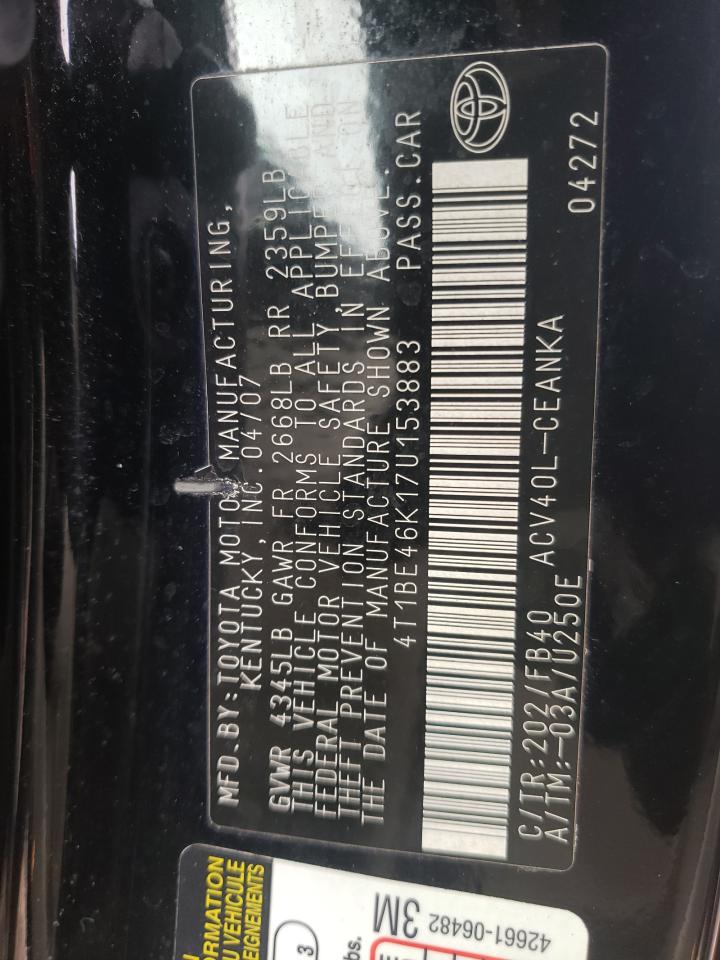 Photo 10 from auction – 2007 TOYOTA CAMRY CE with VIN 4T1BE46K17U153883