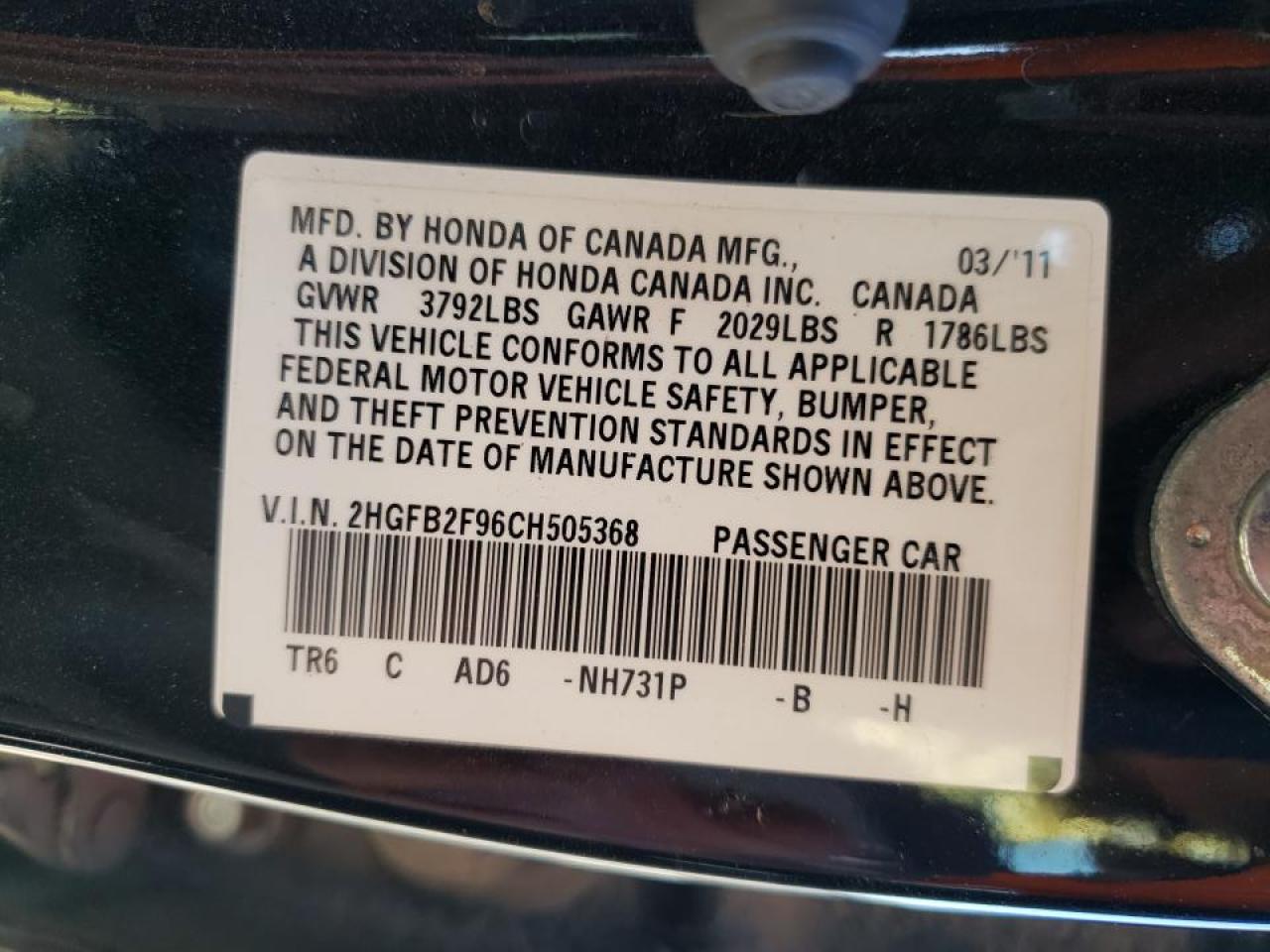 Photo 10 from auction – 2012 HONDA CIVIC EXL with VIN 2HGFB2F96CH505368