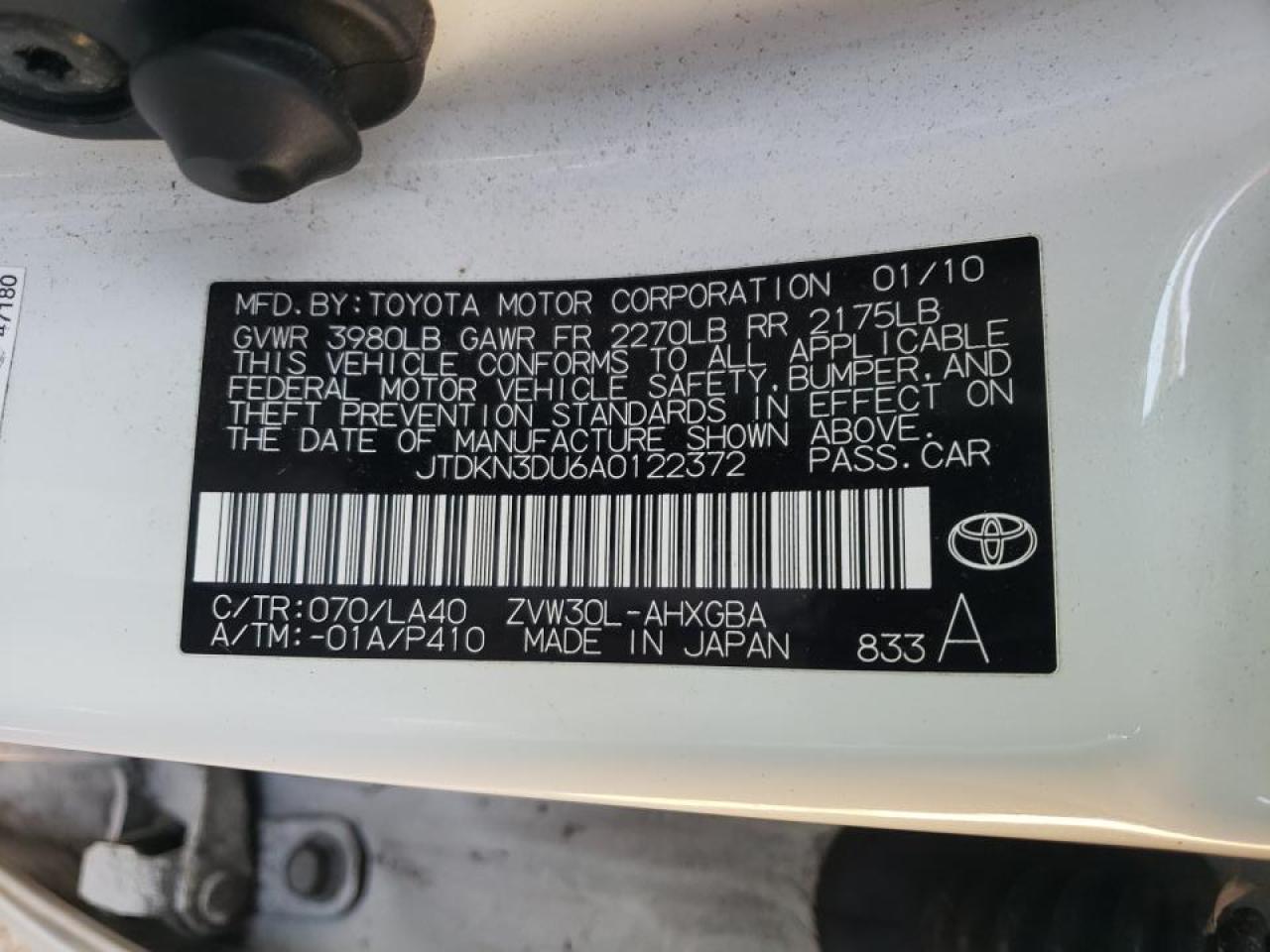 Photo 10 from auction – 2010 TOYOTA PRIUS with VIN JTDKN3DU6A0122372