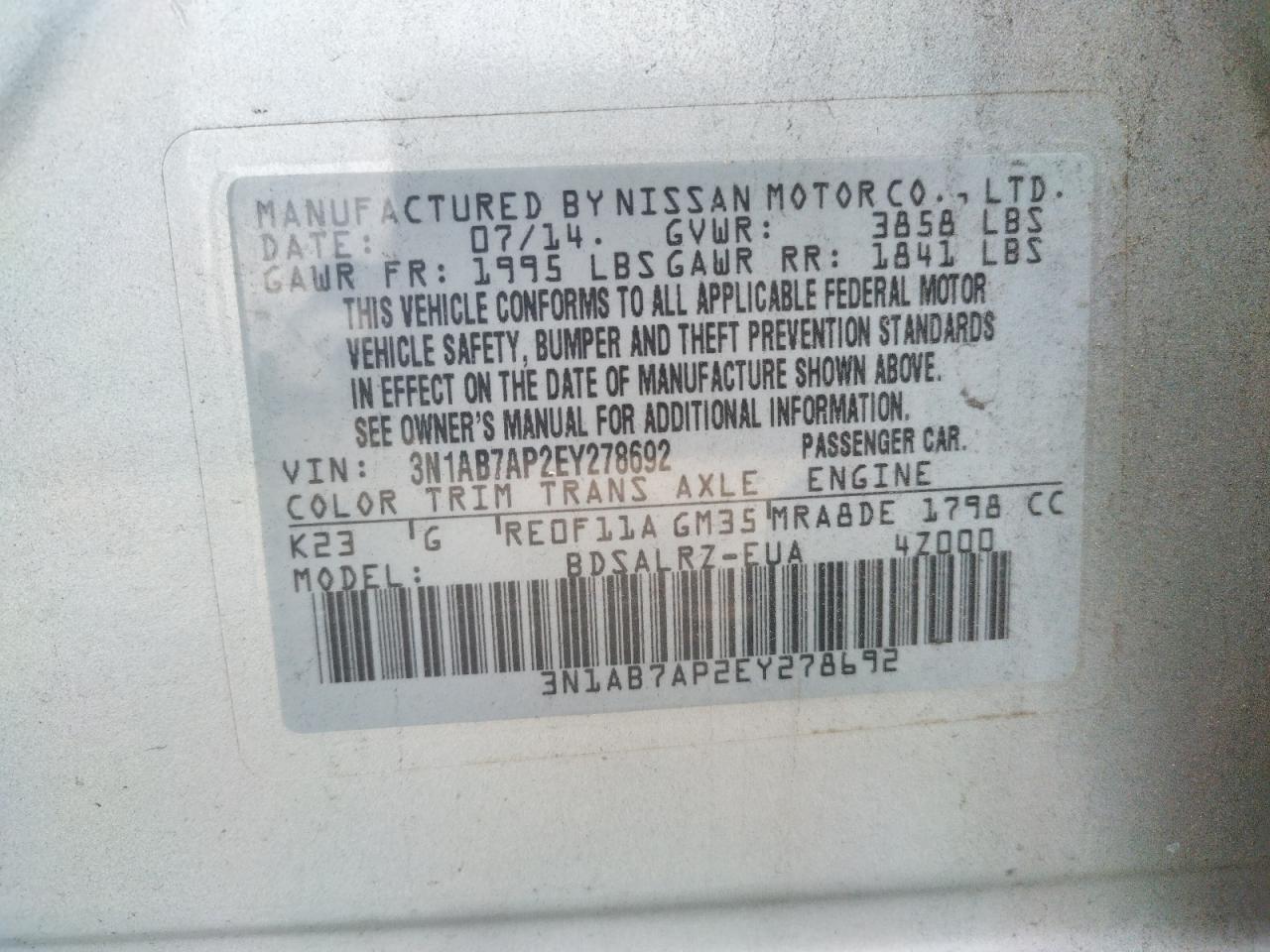 Photo 10 from auction – 2014 NISSAN SENTRA S with VIN 3N1AB7AP2EY278692