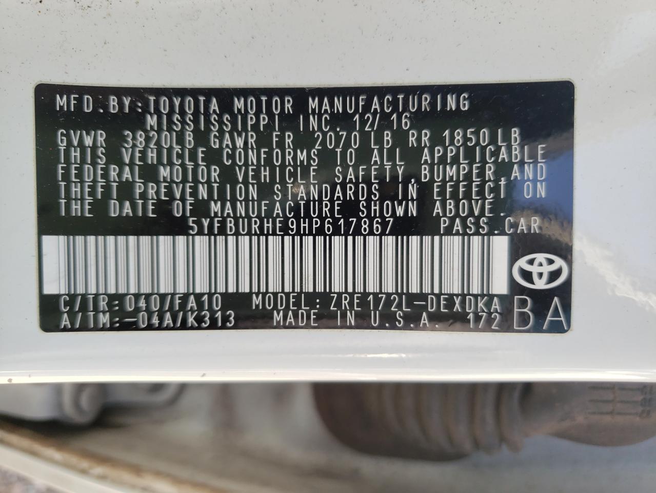 Photo 10 from auction – 2017 TOYOTA COROLLA L with VIN 5YFBURHE9HP617867