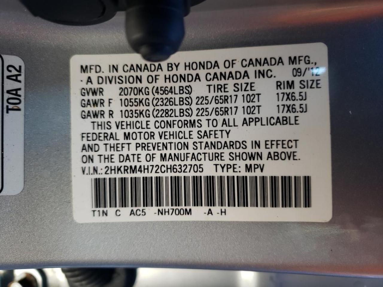 Photo 10 from auction – 2012 HONDA CR-V EXL with VIN 2HKRM4H72CH632705