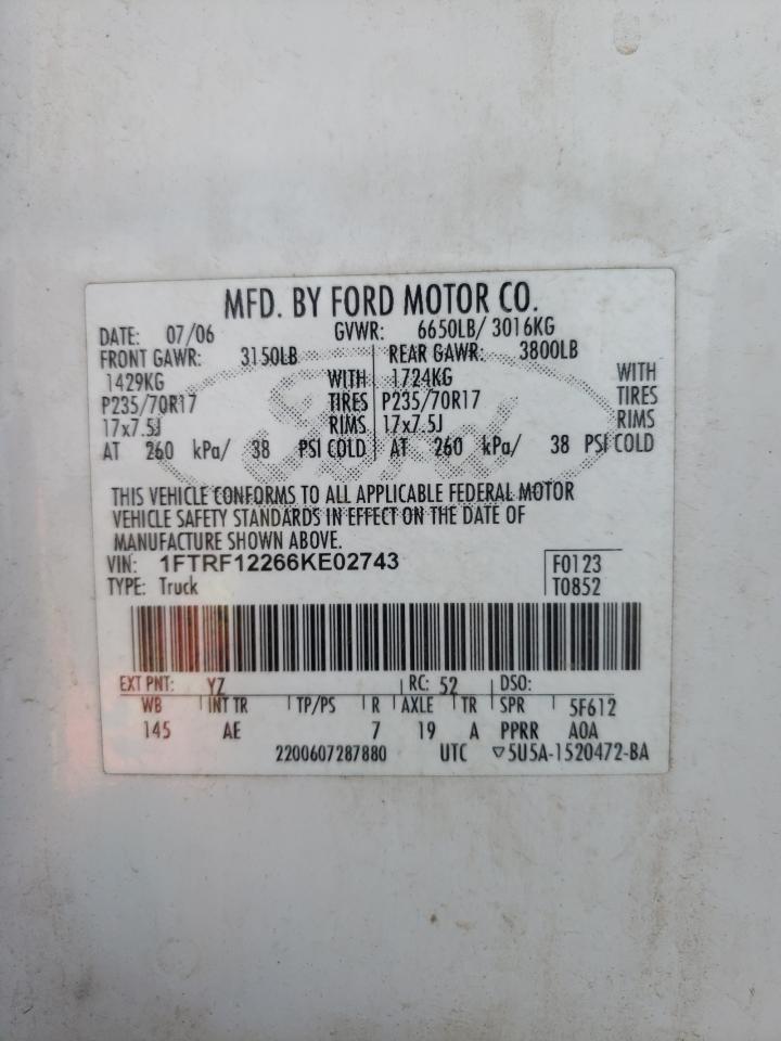 Photo 10 from auction – 2006 FORD F150 with VIN 1FTRF12266KE02743