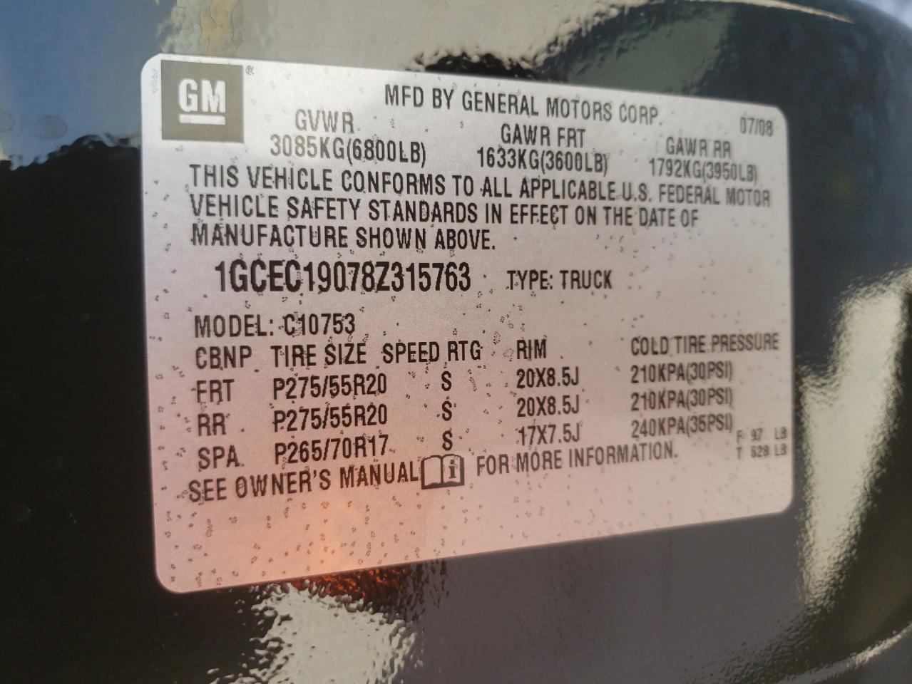 Photo 10 from auction – 2008 CHEVROLET SILVERADO with VIN 1GCEC19078Z315763