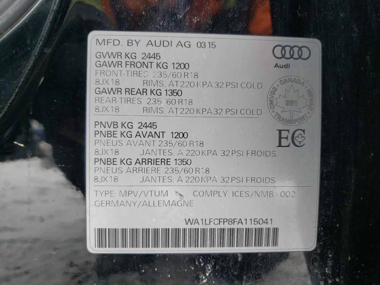 Photo 10 from auction – 2015 AUDI Q5 PREMIUM with VIN WA1LFCFP8FA115041